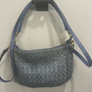 Clare V light blue woven Petit Moyen bag